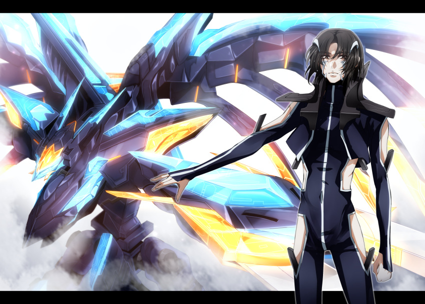 1boy arm_blade arm_cutout black_hair clothing_cutout crystal finger_marks floating flying glowing highres horns kanda_faf2 makabe_kazuki mark_alles mecha pilot_suit robot short_hair side_cutout sky solo soukyuu_no_fafner sword synergetic_suit uniform weapon wings