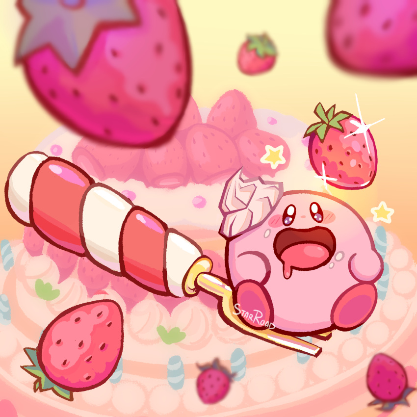 blush_stickers cake colored_skin drooling food food_on_face fork fruit highres kirby kirby's_dream_buffet kirby_(series) looking_up no_humans open_mouth pink_skin signature solid_oval_eyes sparkle star_(symbol) starroad strawberry yellow_background