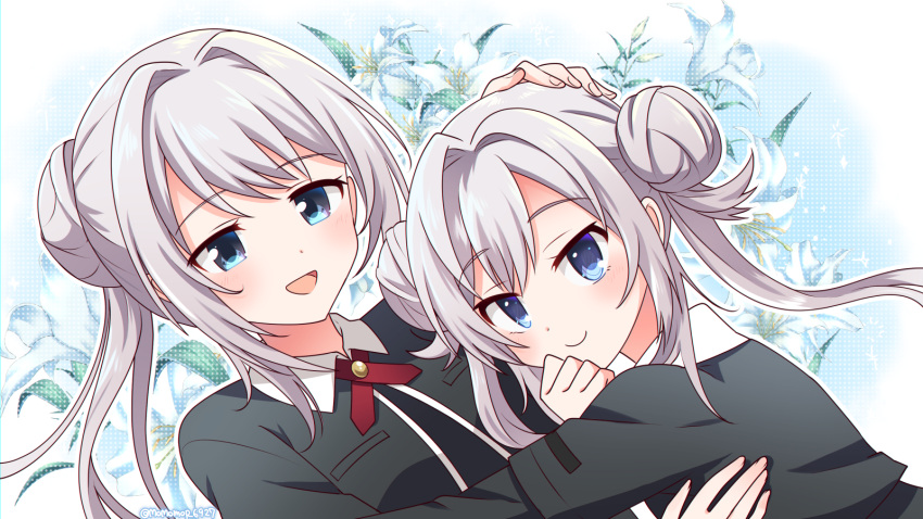 2girls :d bangs black_jacket blue_background blue_eyes blush clenched_hand closed_mouth collared_jacket cropped_jacket cross_tie daitou_academy_school_uniform dot_nose double_bun flower hair_between_eyes hair_bun hair_intakes hand_on_another's_chest hand_on_another's_head hand_on_own_chin hand_up headpat highres jacket layered_sleeves long_hair long_sleeves looking_at_another looking_at_viewer magia_record:_mahou_shoujo_madoka_magica_gaiden mahou_shoujo_madoka_magica momo_tomato multiple_girls necktie open_mouth outline ponytail red_necktie school_uniform short_over_long_sleeves short_sleeves siblings sidelocks single_hair_bun sisters smile swept_bangs twintails white_flower white_outline yakumo_mikage yakumo_mitama