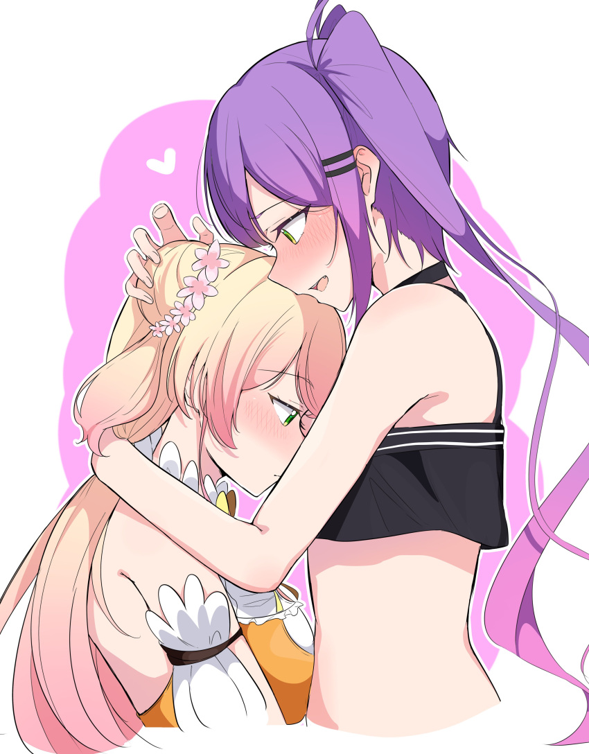 2girls absurdres bare_shoulders black_tank_top blonde_hair blush detached_sleeves from_side green_eyes hand_on_another's_head heart highres hololive hug long_hair looking_at_another momosuzu_nene momosuzu_nene_(1st_costume) multiple_girls okome_0628 open_mouth orange_shirt purple_hair shirt sidelocks tank_top tokoyami_towa tokoyami_towa_(1st_costume) twintails upper_body virtual_youtuber white_background yuri