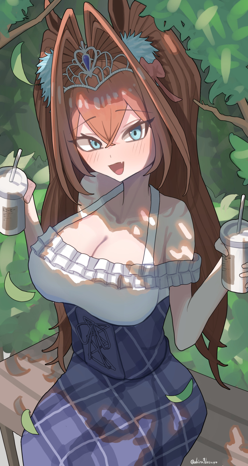 1girl absurdres ahiru3desuyo alternate_eye_color animal_ears antenna_hair bare_shoulders blue_eyes blue_skirt blush bow breasts cleavage commentary_request cup daiwa_scarlet_(umamusume) dappled_sunlight disposable_cup drinking_straw fang hair_between_eyes hair_bow hair_intakes highres holding holding_cup horse_ears horse_girl horse_tail large_breasts long_hair official_alternate_costume open_mouth outdoors plaid plaid_skirt red_hair shade shirt sitting skin_fang skirt smile solo sunlight tail tiara tree twintails umamusume very_long_hair white_shirt