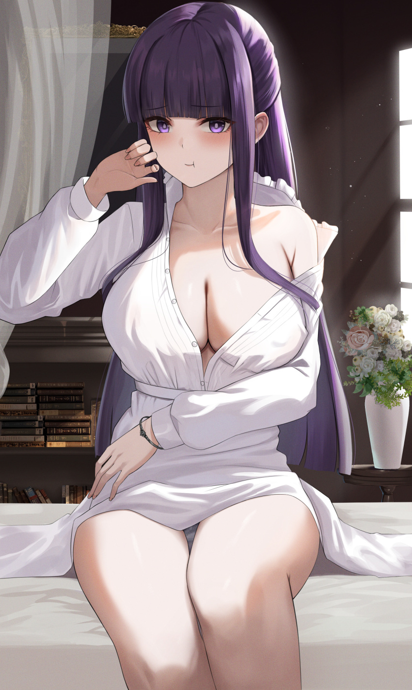 1girl :t absurdres blunt_bangs blush bracelet breasts cleavage collarbone dress fern_(sousou_no_frieren) flower highres indoors jewelry large_breasts long_dress long_hair long_sleeves looking_at_viewer off_shoulder on_bed pout purple_eyes purple_hair single_bare_shoulder sitting sousou_no_frieren unbuttoned vase white_dress window yamikyon