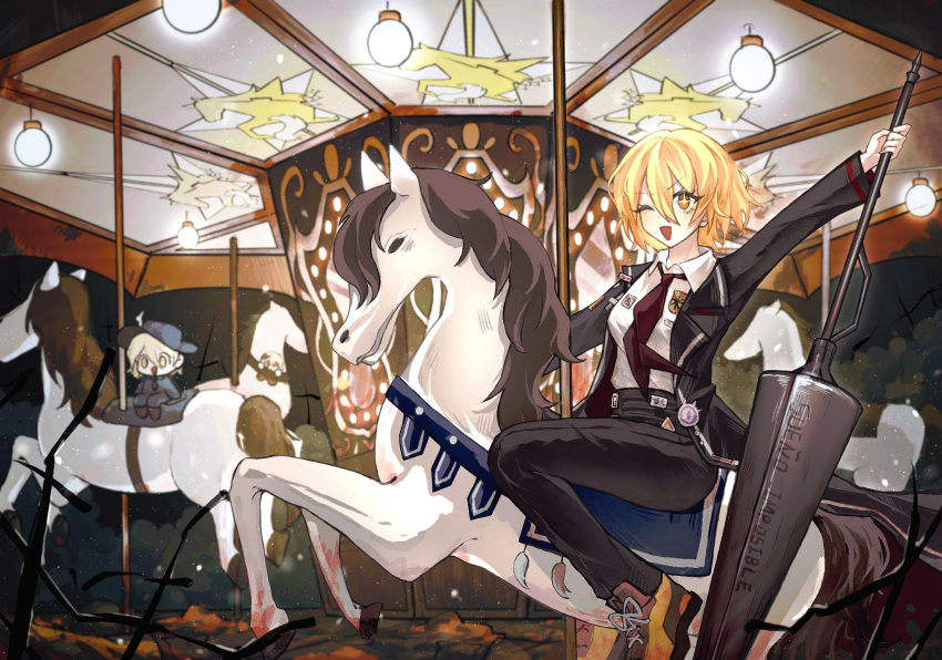 035nnn 1girl arm_up black_coat black_pants blonde_hair carousel chibi chibi_inset coat collared_shirt don_quixote_(project_moon) highres holding holding_weapon lance limbus_company looking_at_viewer multiple_girls necktie one_eye_closed open_mouth pants polearm project_moon red_necktie shirt short_hair smile weapon white_shirt yellow_eyes