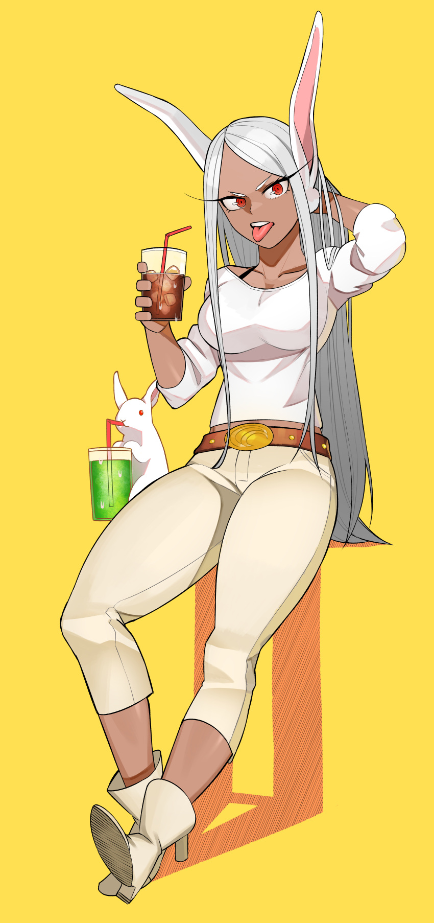 1girl absurdres animal_ears arm_up belt boku_no_hero_academia collarbone dark-skinned_female dark_skin drink drinking_straw full_body high_heels highres incredibly_absurdres koyap long_eyelashes long_hair long_sleeves looking_at_viewer mirko pants rabbit rabbit_ears rabbit_girl red_eyes simple_background solo swept_bangs tongue tongue_out white_hair yellow_background