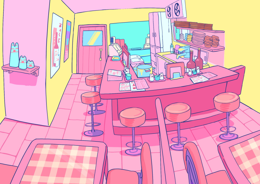 air_conditioner bar_stool bottle cash_register chair colorful cooking_pot counter door fisheye from_above highres indoors jacktaro kitchen menu no_humans original pink_theme plate restaurant scenery sink stool table