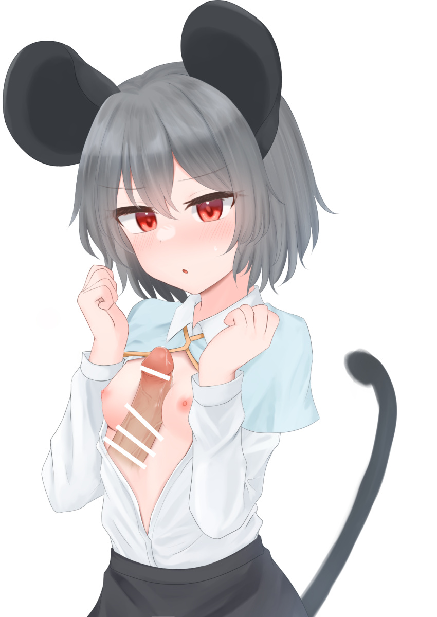 1boy 1girl :o animal_ears bangs blue_capelet blush breasts breasts_out capelet commentary_request cowboy_shot dakuazu grey_hair grey_skirt hetero highres long_sleeves mouse_ears mouse_girl mouse_tail naizuri nazrin nipples open_clothes open_mouth open_shirt paizuri penis red_eyes shirt short_hair simple_background skirt small_breasts solo_focus tail touhou white_background white_shirt