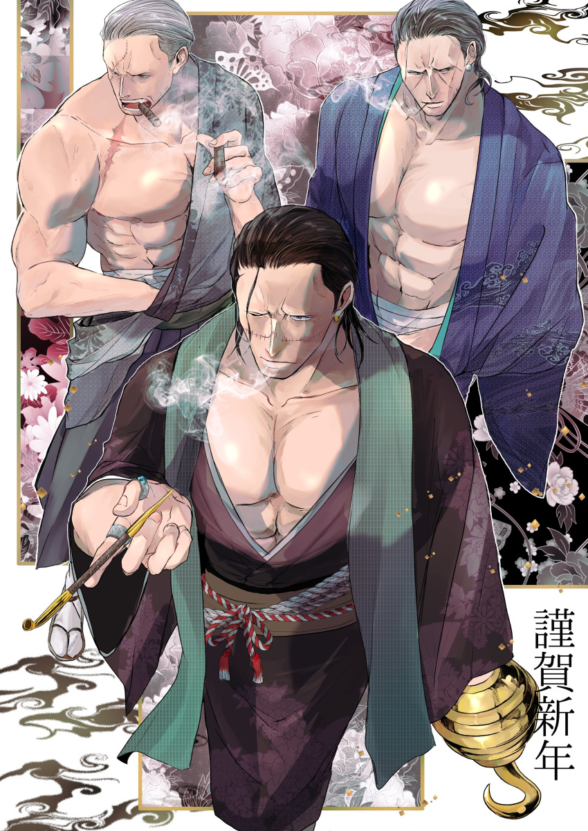 3boys abs absurdres alternate_costume bara bare_pectorals beard_stubble benn_beckman black_hair cigar crocodile_(one_piece) feet_out_of_frame from_above hadanugi_dousa highres holding holding_smoking_pipe hook_hand large_pectorals limp_wrist mabu_dachi43 male_focus mature_male multiple_boys muscular muscular_male navel new_year one_piece pectoral_cleavage pectorals scar scar_on_face scar_on_nose short_hair sideburns_stubble smoke smoker_(one_piece) smoking smoking_pipe standing translation_request walking
