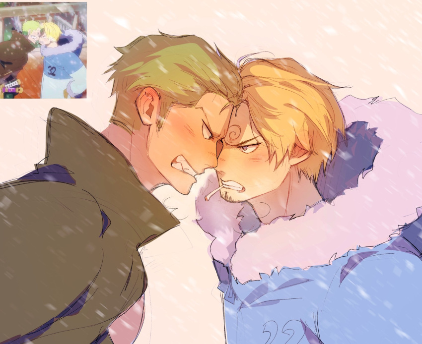 2boys angry blonde_hair blush coat earrings fur_coat fur_trim green_hair highres jewelry male_focus multiple_boys one_piece pt_lynnn roronoa_zoro sanji_(one_piece) winter_clothes winter_coat