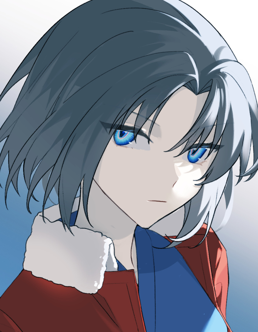 1girl black_hair blue_eyes blue_kimono closed_mouth expressionless fur-trimmed_jacket fur_trim highres idass_(idass16) jacket japanese_clothes kara_no_kyoukai kimono looking_at_viewer mystic_eyes_of_death_perception parted_bangs portrait red_jacket ryougi_shiki short_hair simple_background solo