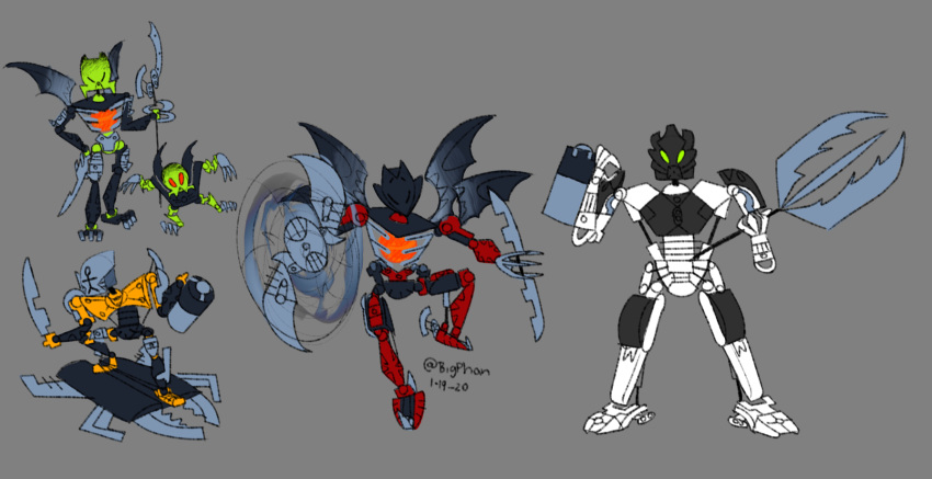 ambiguous_gender armor bigphan bionicle biped black_body claws digital_drawing_(artwork) digital_media_(artwork) eyeless fingers green_body green_eyes group hi_res holding_object holding_weapon hoverboard humanoid icarax ignika lego machine makuta mask matoran melee_weapon membrane_(anatomy) membranous_wings mouthless multicolored_body mutran polearm robot robot_humanoid simple_background spear spinning_weapon standing takanuva toa toe_claws two_tone_body vican weapon white_body wings yellow_body