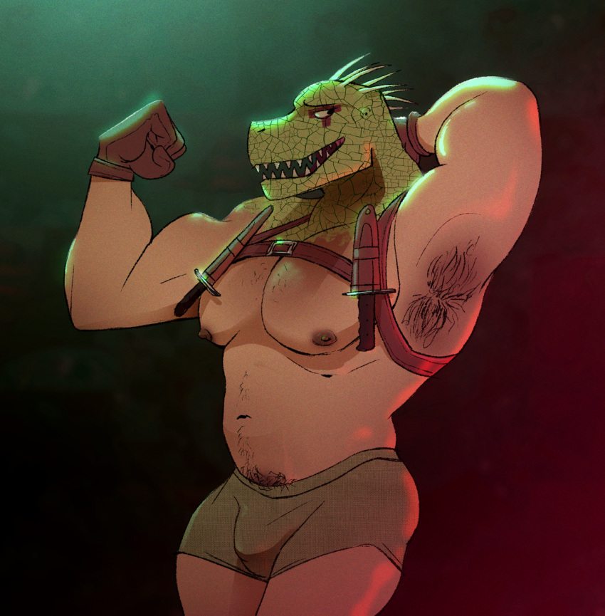 1boy animal_head armpit_peek armpits bara boxers brown_male_underwear bulge caiman_(dorohedoro) chest_belt cowboy_shot cseed dorohedoro flexing framed_pectorals from_side green_scales highres large_pectorals male_focus male_underwear muscular muscular_male navel navel_hair nipples pectorals pubic_hair pubic_hair_peek reptile_boy sideways_glance smirk solo sparse_chest_hair sparse_navel_hair stomach thick_thighs thighs topless_male underwear
