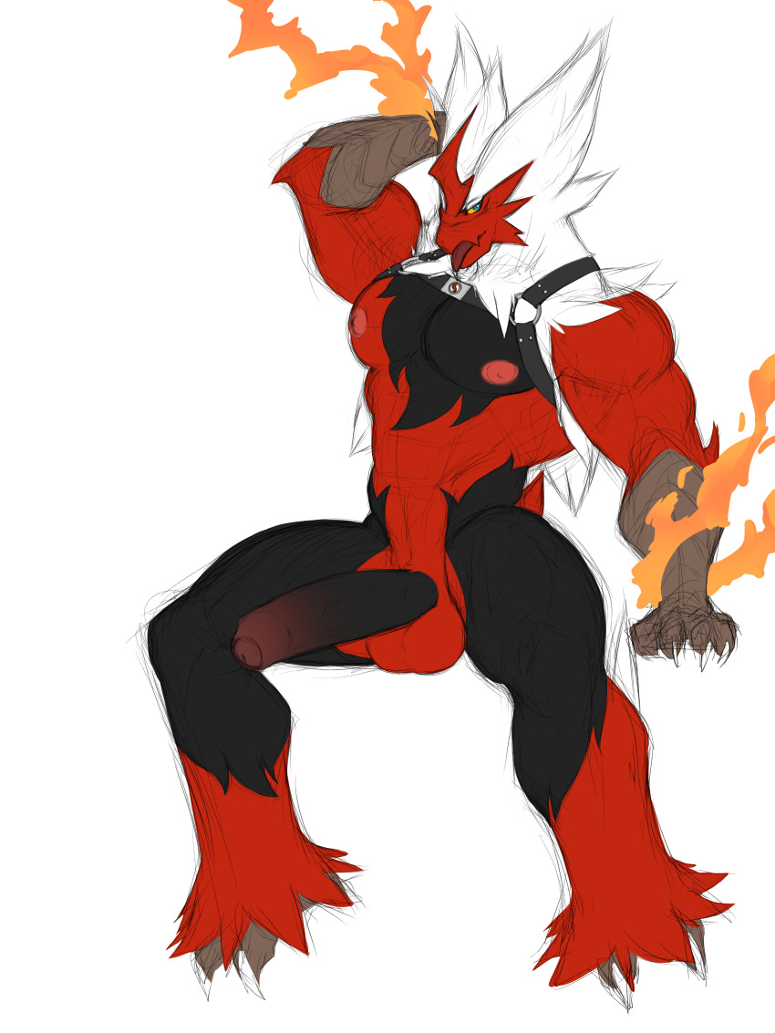 2023 abs absurd_res anthro balls biceps blue_eyes feet genitals half-erect harness hi_res leather leather_harness looking_at_viewer maiofu male mega_blaziken mega_evolution muscular muscular_anthro muscular_arms muscular_male muscular_thighs nintendo nude pecs penis pokemon pokemon_(species) simple_background sitting sketch solo talon_hands talons toes tongue tongue_out white_background yellow_sclera