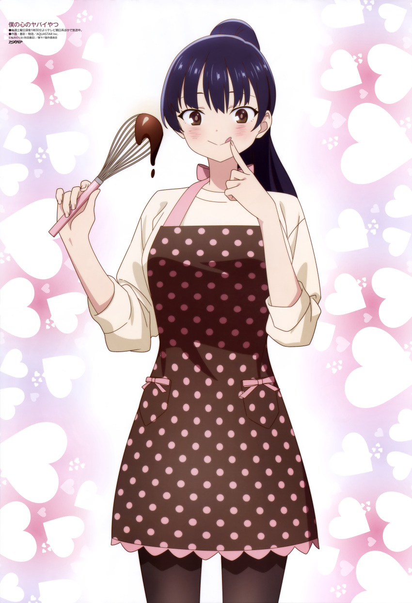 absurdres animedia apron blue_hair blush boku_no_kokoro_no_yabai_yatsu brown_apron brown_eyes brown_pantyhose cream dark_blue_hair finger_to_mouth heart high_ponytail highres long_hair official_art pantyhose polka_dot polka_dot_apron standing sweater third-party_source tongue tongue_out whisk white_sweater yamada_anna