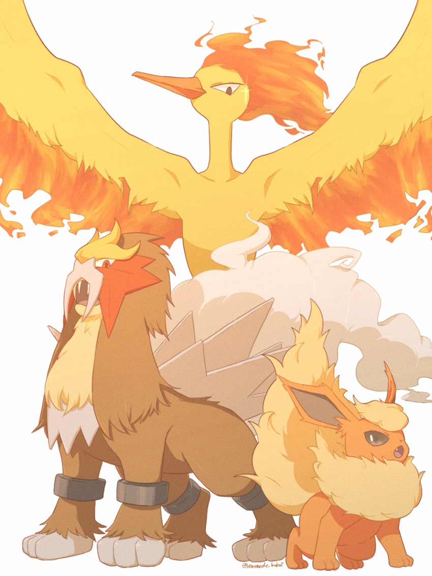 animal_focus artist_name black_eyes blonde_hair closed_mouth collarbone commentary_request cuffs entei fang fangs fiery_hair fiery_wings flareon full_body fur_collar glint highres lemonade_kokoi looking_at_another looking_at_viewer looking_down moltres no_humans open_mouth orange_hair partial_commentary pokemon pokemon_(creature) red_eyes shackles short_hair signature simple_background standing trait_connection twitter_username white_background wings