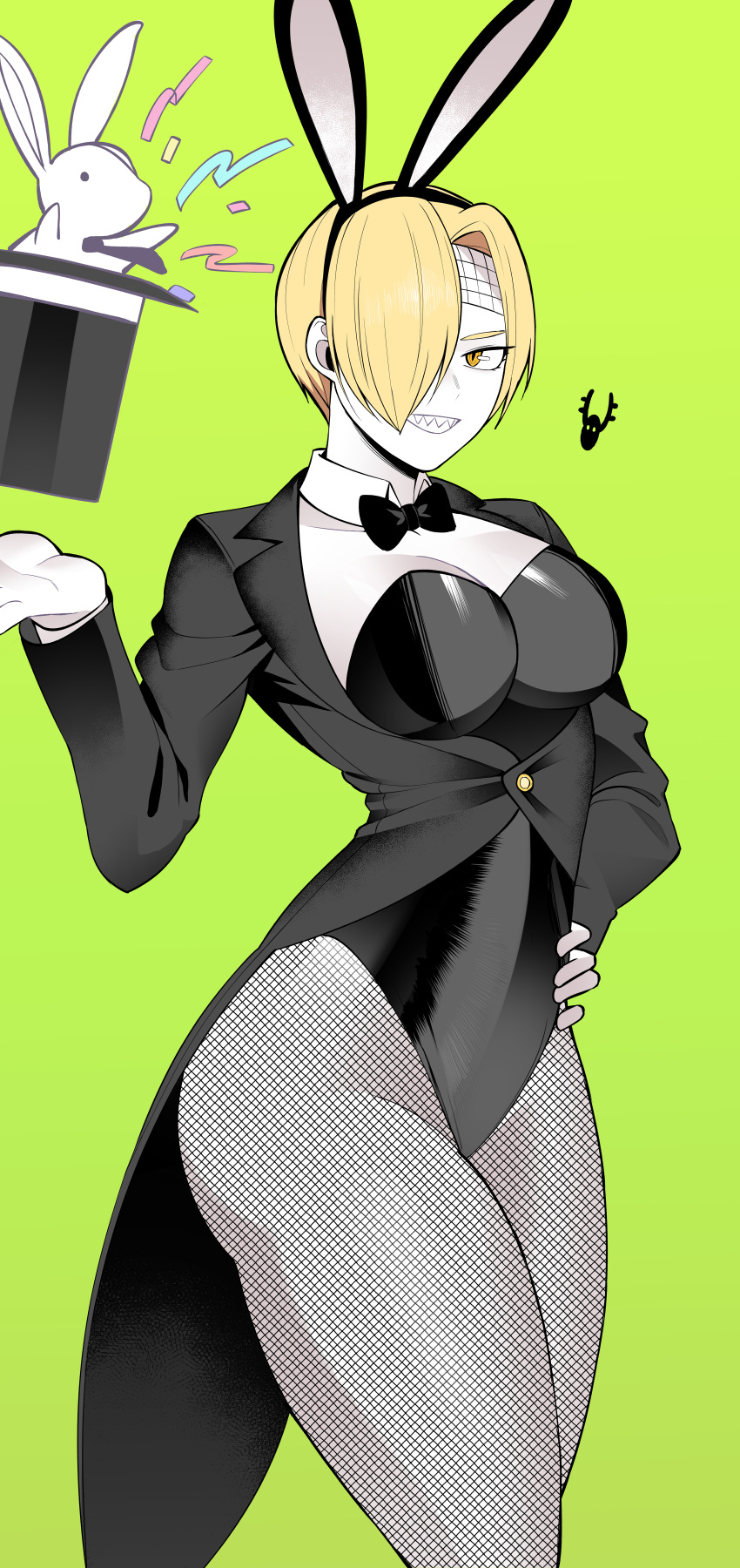 1girl absurdres animal_ears animal_hat blazer blonde_hair boku_no_hero_academia bow bowtie clenched_teeth cowboy_shot detached_collar fishnet_pantyhose fishnets green_background hair_over_one_eye hand_on_own_hip hat highleg highleg_leotard highres jacket koyap leotard leotard_under_clothes long_sleeves looking_at_viewer pantyhose rabbit rabbit_ears rabbit_hat ryuukyuu sharp_teeth short_hair simple_background smile solo strapless strapless_leotard teeth yellow_eyes