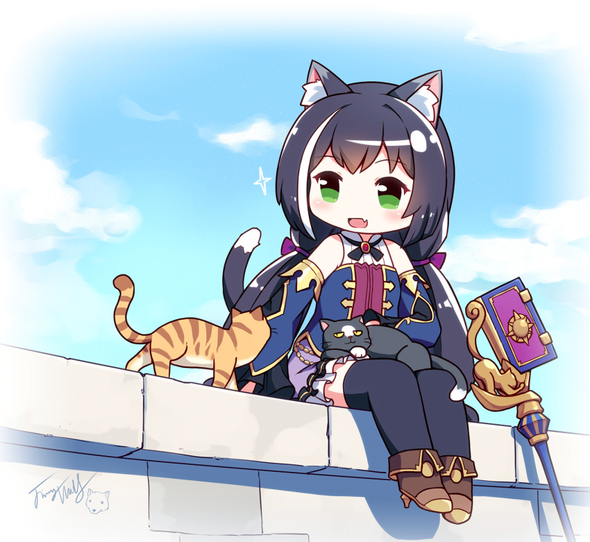 1girl :d animal animal_ear_fluff animal_ears animal_on_lap bare_shoulders black_cat black_hair black_thighhighs blue_sky blue_sleeves blush boots brown_footwear cat cat_ears cat_girl cat_on_lap cat_tail chibi chinese_commentary cloud commentary_request day detached_sleeves fang foot_dangle frilled_skirt frills green_eyes high_heel_boots high_heels highres karyl_(princess_connect!) langbazi legs_together long_hair low_twintails multicolored_hair on_lap on_wall open_mouth outdoors photoshop_(medium) princess_connect! purple_skirt shirt signature sitting skin_fang skirt sky sleeveless sleeveless_shirt smile solo sparkle staff streaked_hair tail thighhighs thighhighs_under_boots twintails very_long_hair white_hair white_shirt