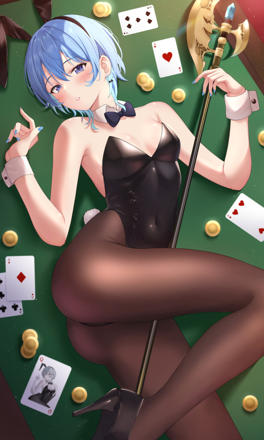 1girl absurdres ace_(playing_card) ace_of_diamonds ace_of_hearts animal_ears bare_shoulders black_bow black_bowtie black_footwear black_leotard black_pantyhose blue_eyes blue_hair blue_nails blush bow bow_earrings bowtie breasts card coin commentary covered_navel detached_collar diamond_(shape) earrings fake_animal_ears fake_tail fingernails from_above hair_between_eyes halberd hands_up heart high_heels highleg highleg_leotard highres hololive hoshimachi_suisei jewelry legs leotard long_fingernails looking_at_viewer lying medium_breasts nail_polish on_back pantyhose parted_lips playboy_bunny playing_card polearm pumps rabbit_ears rabbit_tail shinigami_kiraki short_hair solo star_(symbol) star_in_eye strapless strapless_leotard symbol_in_eye tail teeth thighs virtual_youtuber weapon white_wrist_cuffs wrist_cuffs