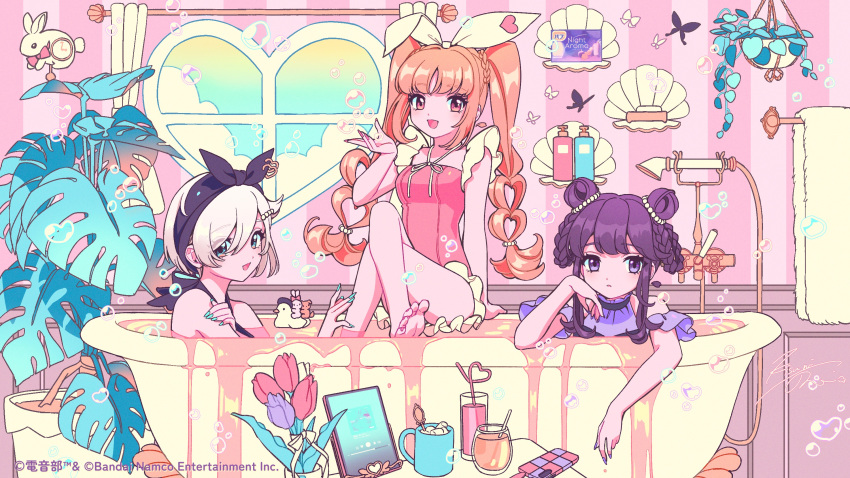 3girls barefoot bathing bathroom bathtub black_hairband blue_eyes blue_nails bug butterfly cellphone clock closed_mouth cup denonbu double_bun drinking_straw flower grey_hair hair_bun hairband hand_on_own_arm hand_on_own_cheek hand_on_own_face hand_up highres indoors inubousaki_shian kisumi_rei leaf long_hair looking_at_viewer minakami_hina mug multiple_girls nail_polish official_alternate_costume official_alternate_hairstyle official_art one-piece_swimsuit open_mouth orange_hair phone pink_eyes pink_one-piece_swimsuit plant potted_plant purple_eyes purple_hair rubber_duck sakurano_mimito same-sex_bathing shampoo_bottle shared_bathing short_hair shower_head sitting smartphone smile soap_bottle soap_bubbles swimsuit towel tulip twintails wall_clock window