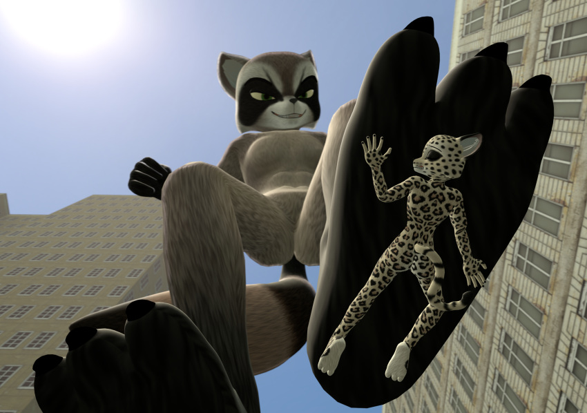 3_toes anthro barefoot city city_background cityscape dominant dominant_male duo feet felid female forced hi_res larger_male looking_at_another looking_down macro male male/female mammal micro micro_on_macro nude ocsda pantherine procyonid raccoon size_difference smaller_female snow_leopard soles squish stomping stuck_to_foot toes underfoot