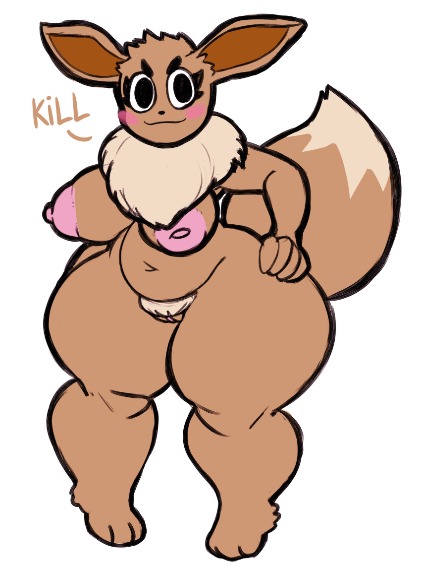 absurd_res anthro areola big_breasts big_tail black_eyes blush bottom_heavy breasts brown_body brown_fur canid cumlord dialogue dipstick_tail eevee eyelashes female fur generation_1_pokemon hand_on_hip hi_res looking_at_viewer mammal markings navel nintendo nipples nude pink_areola pink_nipples pokemon pokemon_(species) pubes simple_background slightly_chubby smile solo tail_markings tan_body tan_fur tan_pubes text thick_thighs video_games white_background wide_hips