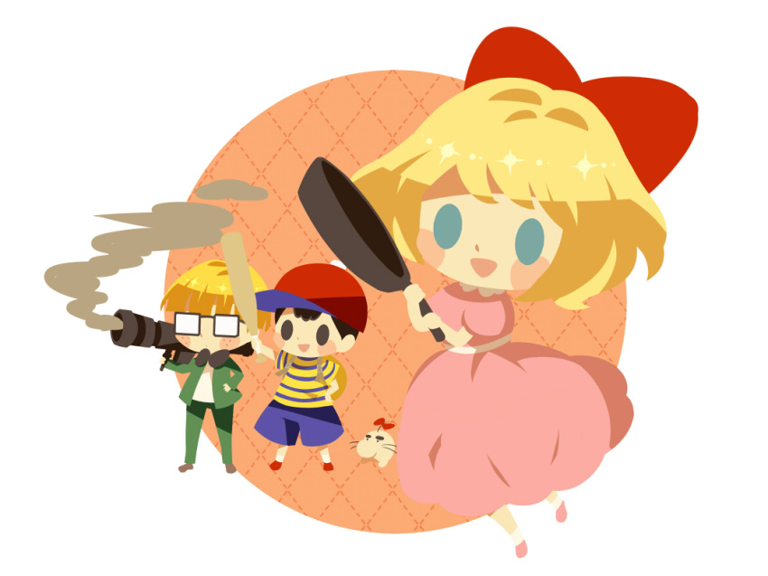 1girl 2boys baseball_bat baseball_cap black_bow black_bowtie black_eyes black_hair blonde_hair blue_eyes blue_pants blush_stickers bow bowl_cut bowtie doseisan dress freckles frying_pan full_body glasses green_jacket green_pants hair_bow hand_on_own_hip happy hat hitofutarai holding holding_baseball_bat holding_frying_pan holding_rocket_launcher holding_weapon jacket jeff_andonuts looking_ahead mother_(game) mother_2 multiple_boys ness_(mother_2) pants paula_(mother_2) pink_dress pink_footwear red_bow red_footwear red_headwear rocket_launcher shirt short_sleeves smoke_trail socks solid_oval_eyes striped striped_shirt weapon white_background white_socks