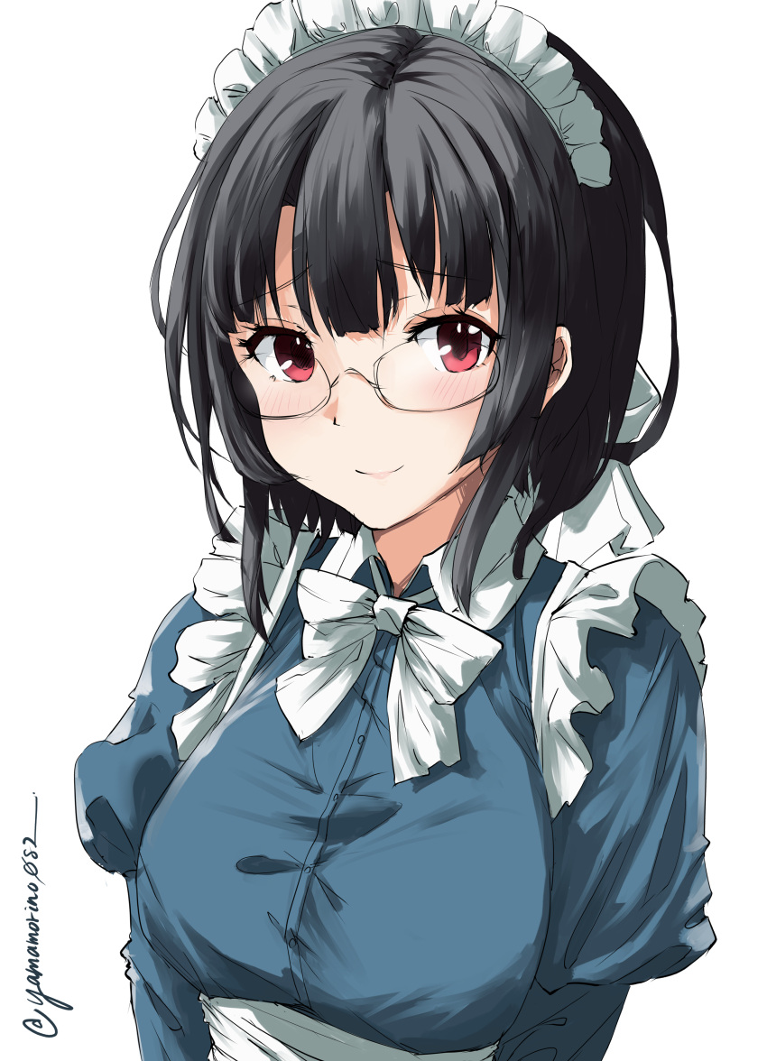 absurdres alternate_costume apron bespectacled black_hair blue_dress breasts collared_shirt dress enmaided frilled_apron frills glasses highres juliet_sleeves kantai_collection large_breasts long_sleeves looking_at_viewer maid maid_apron maid_headdress neckerchief one-hour_drawing_challenge puffy_sleeves red_eyes semi-rimless_eyewear shirt short_hair simple_background takao_(kancolle) under-rim_eyewear upper_body waist_apron white_apron white_background white_neckerchief yamamori_oyatsu