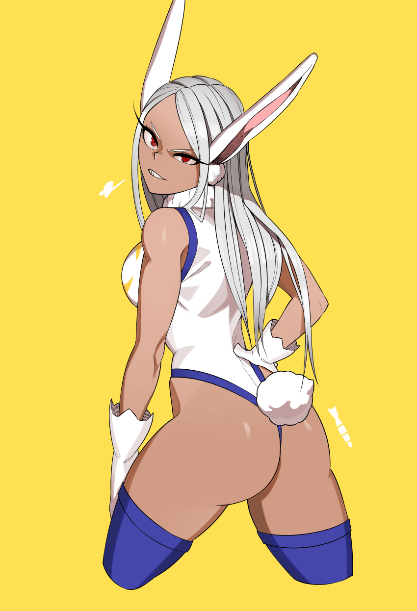 1girl absurdres animal_ears ass bare_arms bare_shoulders blue_thighhighs boku_no_hero_academia dark-skinned_female dark_skin gloves highres koyap long_hair looking_at_viewer looking_back mirko rabbit_ears rabbit_tail red_eyes sigh simple_background sleeveless_turtleneck_leotard solo swept_bangs tail thighhighs white_gloves yellow_background