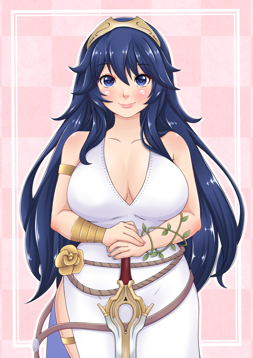 1girl absurdres alternate_breast_size bare_shoulders blue_eyes blue_hair blush border breasts checkered_background closed_mouth collarbone commentary dress english_commentary falchion_(fire_emblem) fire_emblem fire_emblem_awakening highres holding holding_sword holding_weapon large_breasts long_hair looking_at_viewer lucina_(fire_emblem) misune_art outside_border pink_background pink_lips smile solo standing sword tiara weapon white_border white_dress