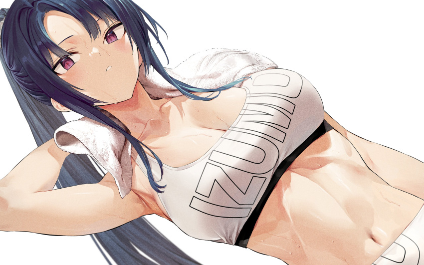 1girl arm_up armpits bare_shoulders black_hair breasts cleavage collarbone highres hiiragi_yuuichi large_breasts looking_at_viewer midriff navel parted_bangs parted_lips purple_eyes simple_background solo sports_bra towel towel_around_neck white_background white_sports_bra white_towel