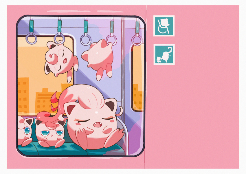 :t absurdres blush_stickers closed_eyes closed_mouth commentary fangs green_eyes hanging highres jigglypuff no_humans open_mouth pokemon pokemon_(creature) saiku_(zvlku) scream_tail sign sitting train window