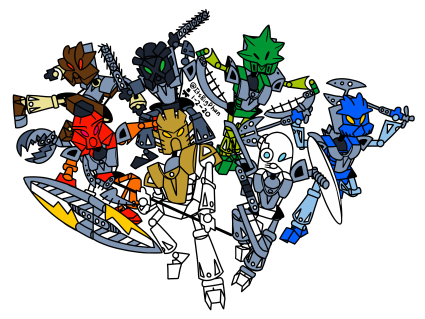 absurd_res ambiguous_gender armor bigphan bionicle biped black_body blue_eyes brown_body chainsaw digital_drawing_(artwork) digital_media_(artwork) dual_wielding fingers gali gold_body green_body green_eyes grey_body group hi_res holding_object holding_weapon humanoid kopaka lego lewa machine mask melee_weapon mouthless multicolored_body not_furry onua orange_body pohatu polearm pose power_tool red_eyes robot robot_humanoid shield spear standing sword tahu takanuva toa tools two_tone_body weapon white_body yellow_eyes