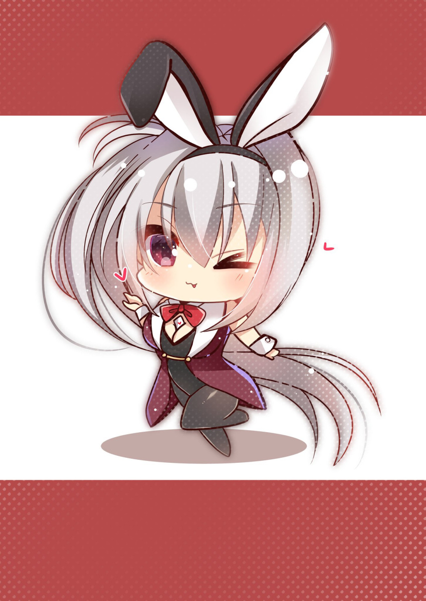 &gt;_o 1girl :3 animal_ears black_leotard black_pantyhose blush chibi commentary_request dracu-riot! elena_olegovna_owen fake_animal_ears grey_hair hair_between_eyes heart highres leotard long_hair looking_at_viewer nekota_min official_alternate_costume official_alternate_hairstyle one_eye_closed pantyhose playboy_bunny rabbit_ears red_background red_eyes side_ponytail simple_background solo standing standing_on_one_leg tongue tongue_out two-tone_background very_long_hair white_background white_wrist_cuffs