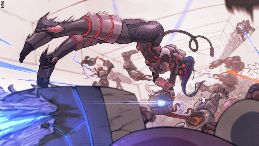 abs acrobatics armor ass blue_hair cable claws des_(desvitio) disembodied_limb feet fighting glowing glowing_eyes high_ponytail highres legs leotard long_hair mecha original ponytail robot soles thighs whip
