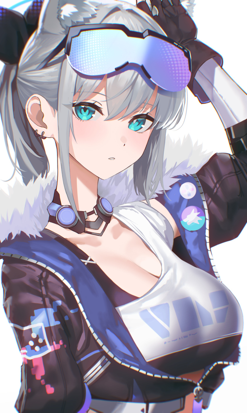 1girl absurdres animal_ear_fluff animal_ears arm_up black_gloves black_jacket blue_archive blue_eyes breasts cleavage commentary_request crop_top ear_piercing earrings eyewear_on_head gloves grey_hair highres industrial_piercing jacket jewelry kazane-wind large_breasts long_sleeves looking_at_viewer piercing shiroko_(blue_archive) simple_background solo sunglasses upper_body white_background wolf_ears zipper