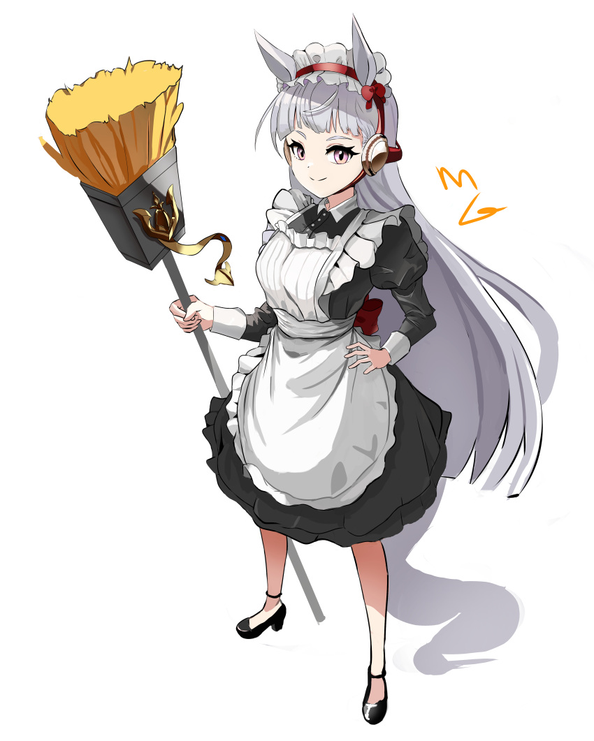 1girl absurdres animal_ears apron black_dress black_footwear blunt_bangs bow broom closed_mouth dress frilled_apron frills full_body gold_ship_(umamusume) headband highres hime_cut holding holding_broom horse_ears horse_girl horse_tail long_hair long_sleeves looking_at_viewer magett maid maid_apron maid_headdress puffy_long_sleeves puffy_sleeves purple_eyes purple_hair red_bow simple_background smile solo standing tail umamusume white_apron white_background