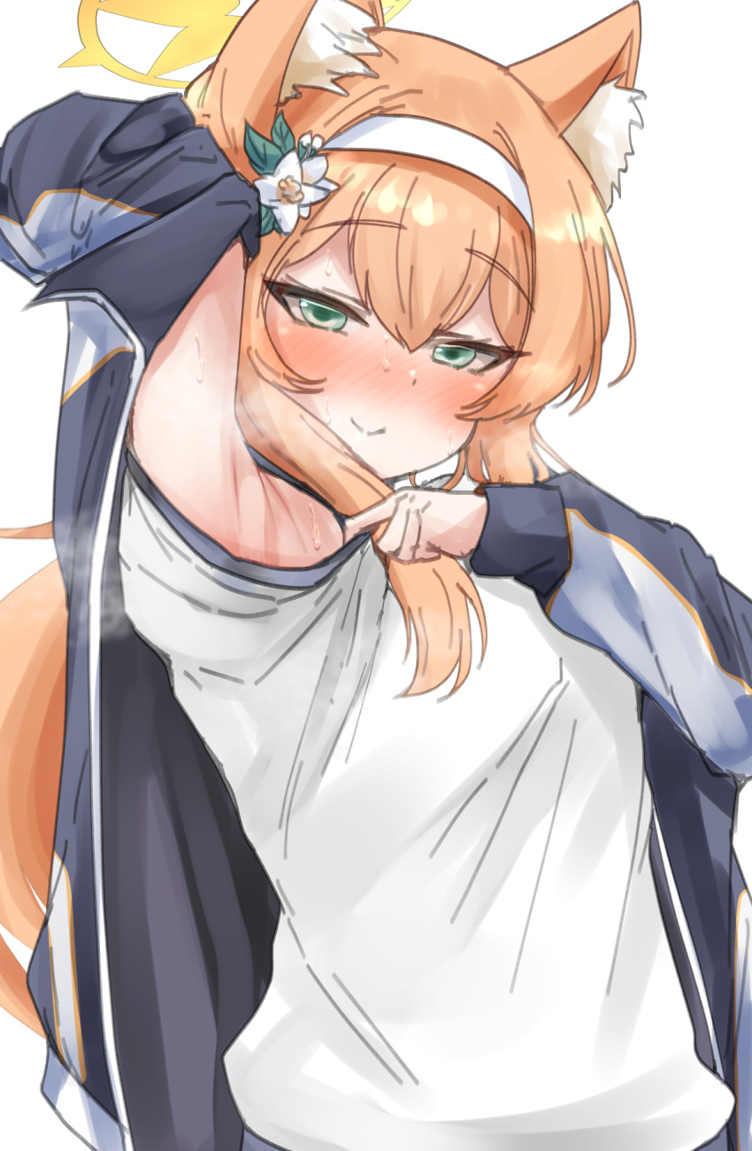 1girl adjusting_clothes animal_ears arm_up armpits bangs blue_archive blush cat_ears cat_girl commentary_request green_eyes gym_shirt gym_uniform hair_between_eyes hairband halo highres jacket long_hair long_sleeves low_ponytail machismo_fuji mari_(blue_archive) mari_(gym_uniform)_(blue_archive) official_alternate_costume orange_hair shirt short_sleeves sidelocks simple_background smile solo sweat track_jacket wet wet_clothes white_background