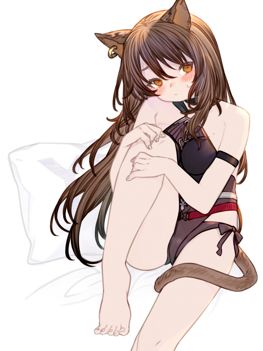 1girl animal_ears arknights arm_strap backless_swimsuit bare_shoulders barefoot black_one-piece_swimsuit brown_hair cat_ears cat_girl cat_tail ear_piercing highres knee_up kochiya_(gothope) large_tail long_hair looking_at_viewer no_shoes o-ring o-ring_swimsuit official_alternate_costume one-piece_swimsuit piercing sitting skyfire_(arknights) skyfire_(temperature_difference)_(arknights) swimsuit tail white_background yes-no_pillow