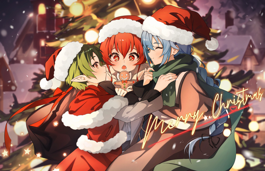 3girls absurdres aged_down blue_hair blurry braid brown_cloak christmas_tree cloak closed_mouth depth_of_field drooling eris_greyrat flat_chest gingerbread_man green_hair green_scarf hair_between_eyes hat highres humany long_bangs long_hair looking_at_another merry_christmas multiple_girls mushoku_tensei open_mouth pointy_ears red_eyes red_hair roxy_migurdia santa_costume santa_hat scarf smile snowing sparkling_eyes sylphiette_(mushoku_tensei) twin_braids