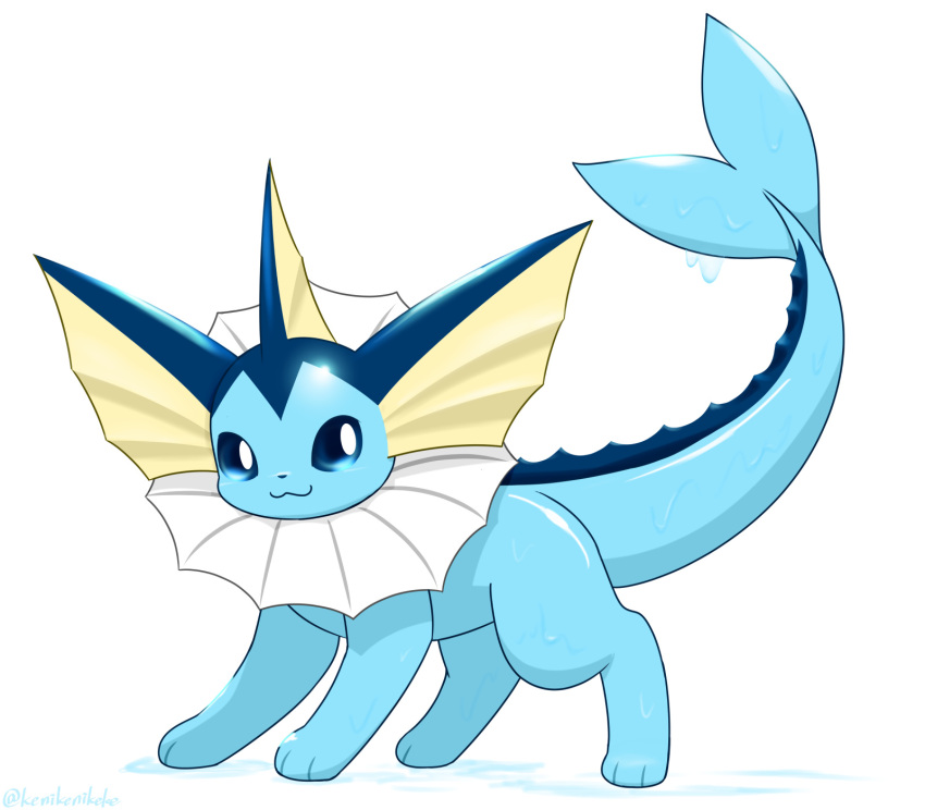 2023 3_toes :3 ambiguous_gender blue_body blue_eyes blue_skin colored digital_media_(artwork) ear_fins eeveelution feet feral fin frill_(anatomy) full-length_portrait generation_1_pokemon glistening glistening_body glistening_skin head_fin hi_res kemono kenikenikeke looking_at_viewer mammal marine monotone_tail neck_frill nintendo no_sclera pokemon pokemon_(species) portrait pupils quadruped shaded side_view signature simple_background solo standing tail tail_fin toes vaporeon white_background white_pupils