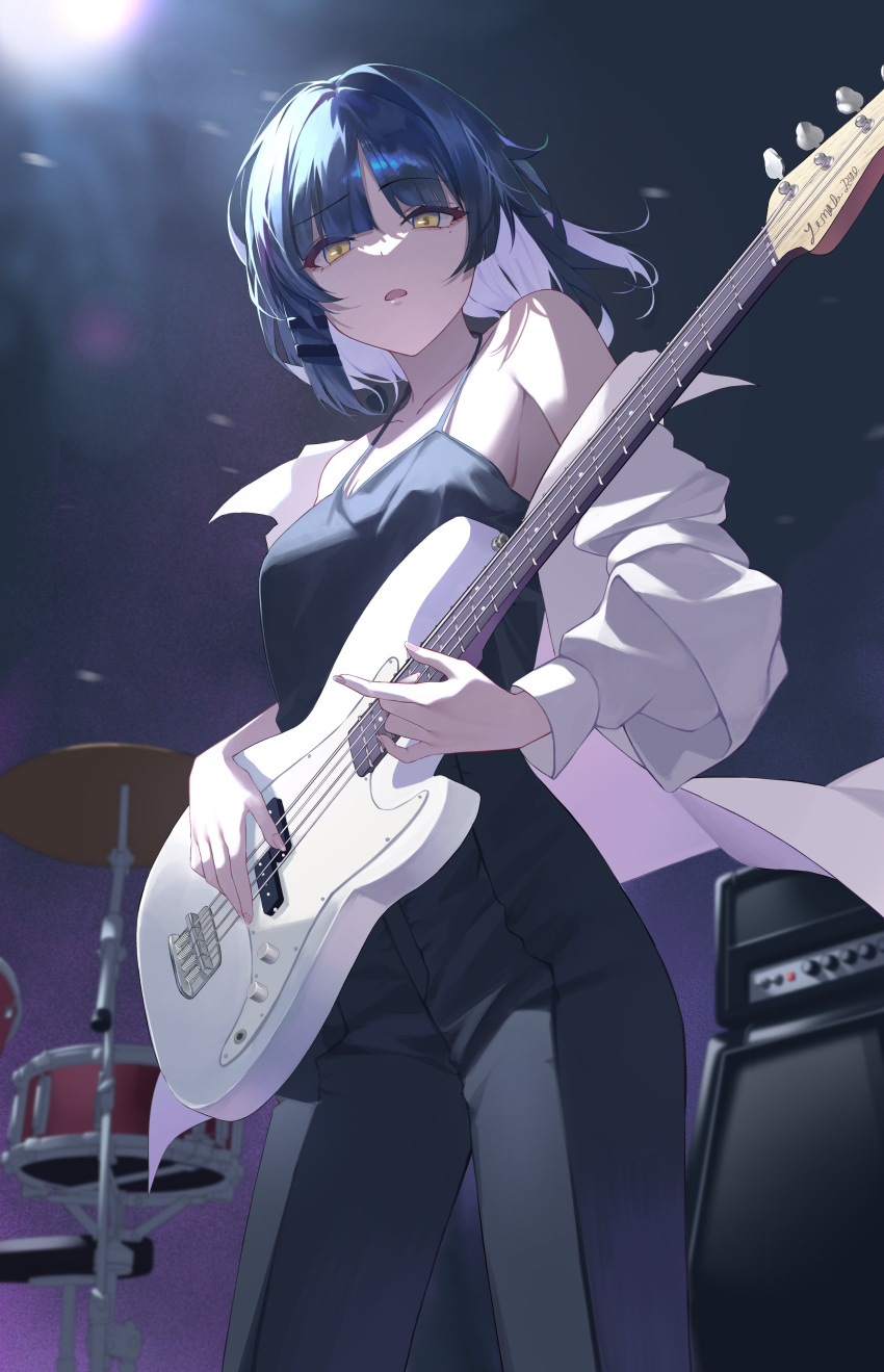 1girl absurdres bare_shoulders black_camisole black_pants blue_hair bocchi_the_rock! breasts camisole collarbone commentary drum drum_set floating_hair hair_ornament hairclip halterneck highres holding holding_instrument instrument jacket long_sleeves looking_at_viewer medium_breasts mole mole_under_eye music open_clothes open_jacket open_mouth pants playing_instrument ryo_e short_hair solo white_jacket yamada_ryo yellow_eyes