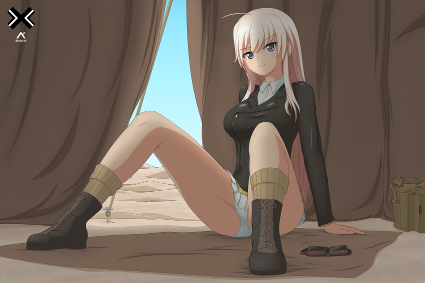1girl absurdres acrux ahoge arm_support artist_logo black_jacket blonde_hair blue_eyes boots breasts cross-laced_footwear desert english_commentary full_body goggles gradient_hair groin_tendon hanna-justina_marseille highres indoors jacket lace-up_boots large_breasts legs light_smile long_hair long_sleeves looking_at_viewer military military_uniform multicolored_hair panties pantyshot pink_hair shirt sidelocks sitting skirt smile socks solo spread_legs strike_witches tent tent_peg thighs underwear uniform unworn_goggles very_long_hair white_panties white_shirt white_skirt world_witches_series
