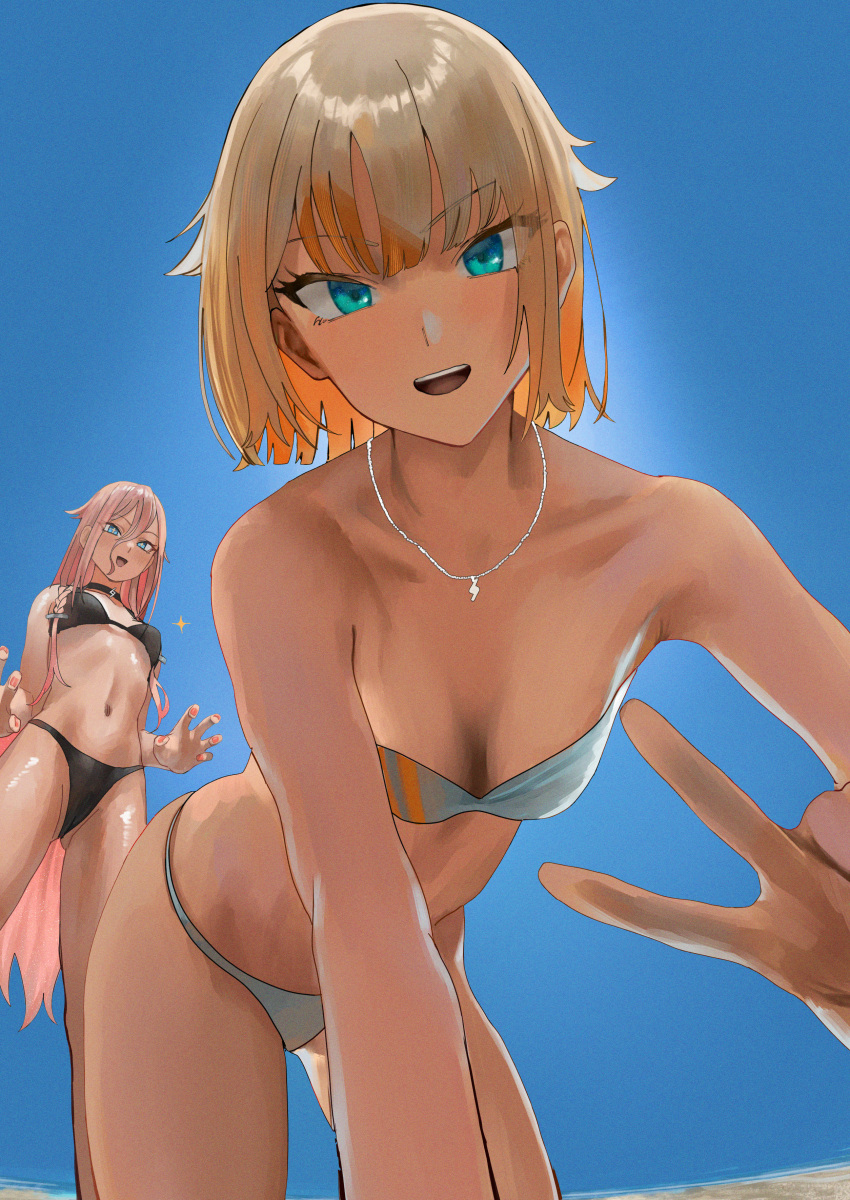 +_+ 2girls absurdres all_fours alternate_costume arm_support backlighting bikini black_bikini black_choker blonde_hair blue_eyes blue_sky braid breasts cevio choker colored_inner_hair commentary_request film_grain from_below grey_bikini hair_between_eyes hair_flaps hand_up highres ia_(vocaloid) imminent_grope jewelry kneeling light_blush long_hair looking_at_another looking_at_viewer looking_down medium_hair multicolored_hair multiple_girls necklace one_(cevio) open_mouth orange_hair outdoors pink_hair pink_nails siblings sisters sky small_breasts smile sparkle standing stomach strapless strapless_bikini sunlight swimsuit tsurime v vang_09 very_long_hair vocaloid