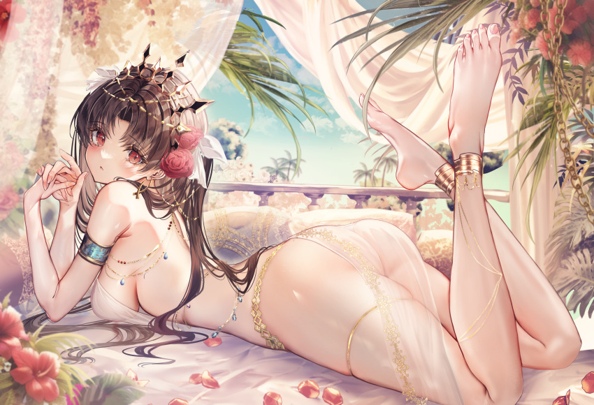 1girl absurdres anklet arabian_clothes armlet ass bare_shoulders barefoot black_hair blush breasts chiachun0621 crown curtains dancer fate/grand_order fate_(series) feet flower from_side full_body hair_flower hair_ornament hair_ribbon harem_outfit highres indoors ishtar_(fate) jewelry legs long_hair looking_at_viewer looking_to_the_side lying medium_breasts no_bra on_bed on_stomach red_eyes red_flower red_rose ribbon rose see-through sideboob solo the_pose thighlet thighs tiara toes turban