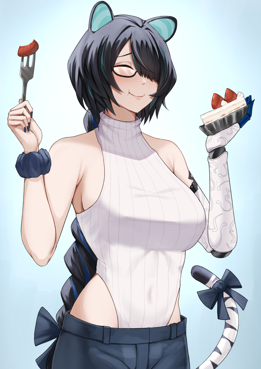 1girl absurdres animal_ears black_bow black_hair blue_hair blue_pants bow braid braided_ponytail breasts cake cake_slice closed_eyes closed_mouth erina_makina food fork fruit hair_over_one_eye highleg highleg_leotard highres holding holding_fork leotard long_hair mchiefy mechanical_arms multicolored_hair pants phase_connect ribbed_leotard scrunchie single_mechanical_arm sleeveless sleeveless_turtleneck_leotard strawberry streaked_hair tail tail_bow tail_ornament tiger_ears tiger_girl tiger_tail virtual_youtuber white_leotard wrist_scrunchie