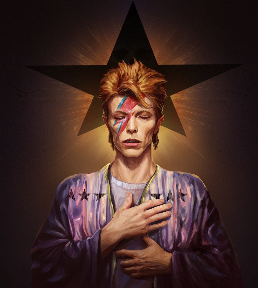 1boy absurdres backlighting clip_studio_paint_(medium) closed_eyes david_bowie facepaint highres male_focus purple_robe real_life realistic rick_parsa robe solo star_(symbol) star_print sunken_cheeks