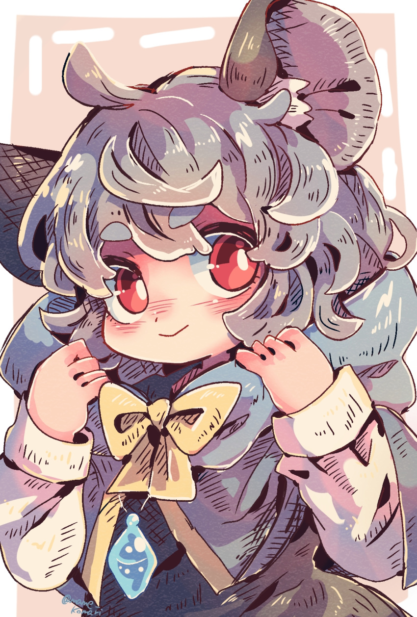 1girl ahoge animal_ear_fluff animal_ears bangs blue_capelet blush bow bowtie capelet closed_mouth commentary_request crystal dress grey_dress grey_hair highres jewelry long_sleeves looking_at_viewer mame_komari mouse_ears mouse_girl nazrin one-hour_drawing_challenge pendant red_eyes shirt short_hair smile solo touhou upper_body white_shirt yellow_bow yellow_bowtie