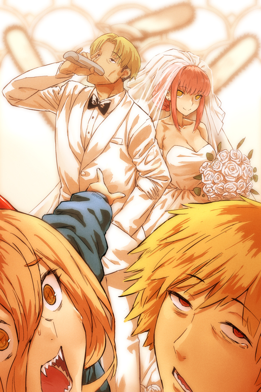 2boys 2girls blonde_hair bouquet braid braided_ponytail breasts bridal_veil bride chainsaw_man collared_shirt couple cross-shaped_pupils curtained_hair demon_girl demon_horns denji_(chainsaw_man) dress drinking flask flower formal groom hair_between_eyes haraya_manawari highres holding holding_bouquet holding_flask horns husband_and_wife kishibe_(chainsaw_man) long_hair looking_at_viewer makima_(chainsaw_man) multiple_boys multiple_girls open_mouth power_(chainsaw_man) red_horns ringed_eyes sharp_teeth shirt short_hair smile strapless strapless_dress suit surprised symbol-shaped_pupils teeth tuxedo veil wedding wedding_dress white_suit yellow_eyes