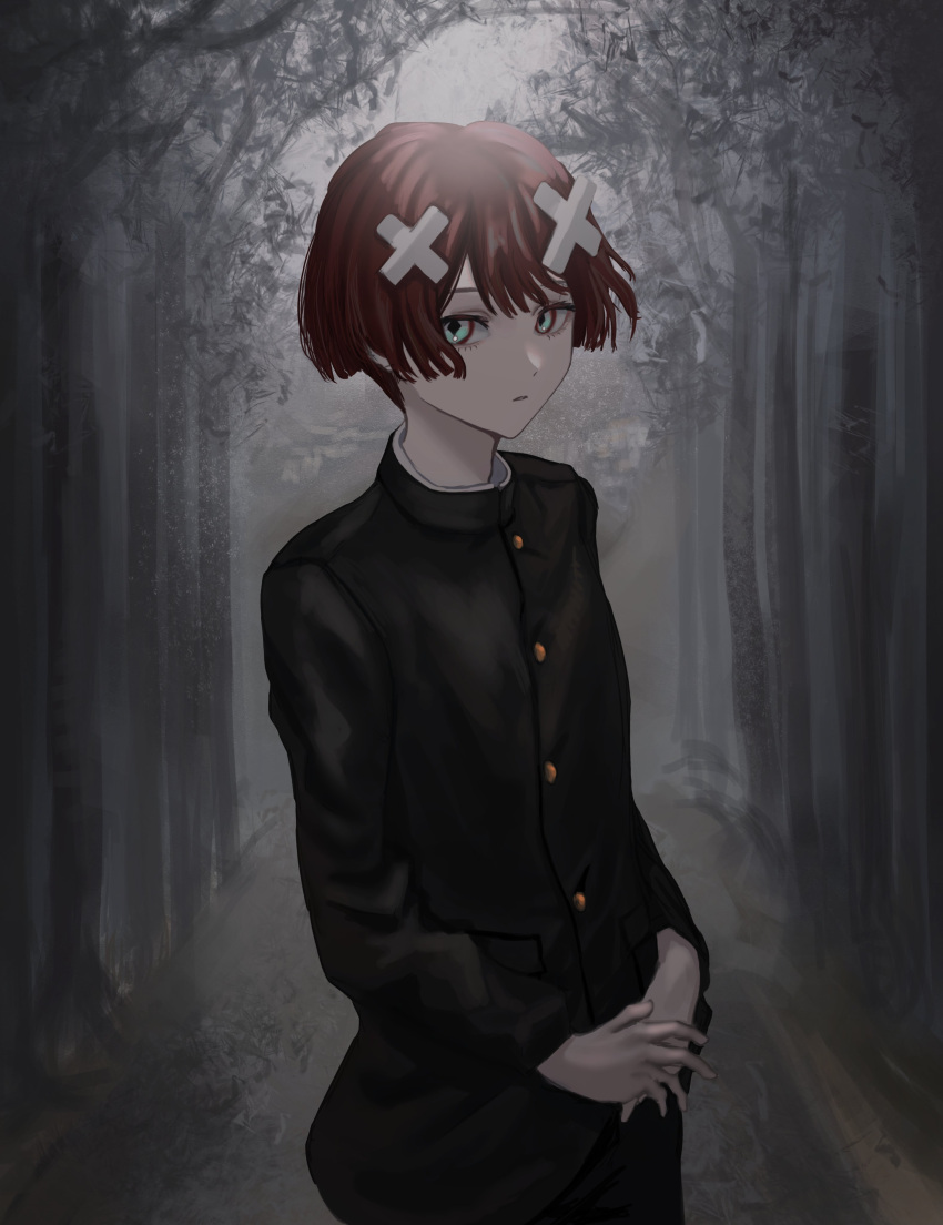 1boy absurdres androgynous black_suit cowboy_shot diamond-shaped_pupils diamond_(shape) dot_nose fog forest green_eyes hair_ornament highres kyano_(kyanora3141) long_sleeves looking_at_viewer nature open_mouth original own_hands_together short_hair standing suit symbol-shaped_pupils tree x_hair_ornament