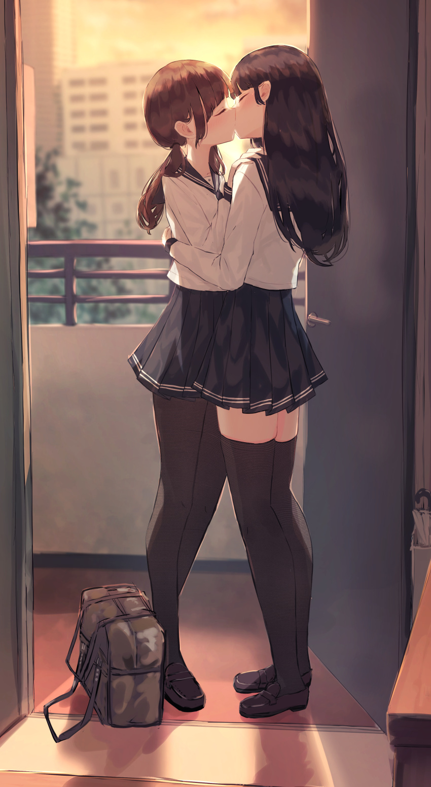 2girls absurdres bag balcony benevole black_footwear black_hair black_pantyhose black_sailor_collar black_thighhighs blue_skirt blush brown_hair brown_pantyhose building closed_eyes door doorway evening from_side full_body hand_on_another's_shoulder highres hug kiss loafers long_hair multiple_girls open_door orange_sky original pantyhose pleated_skirt railing sailor_collar school_bag school_uniform serafuku shirt shoes sidelocks skirt sky thighhighs twintails umbrella umbrella_stand white_shirt yuri zettai_ryouiki