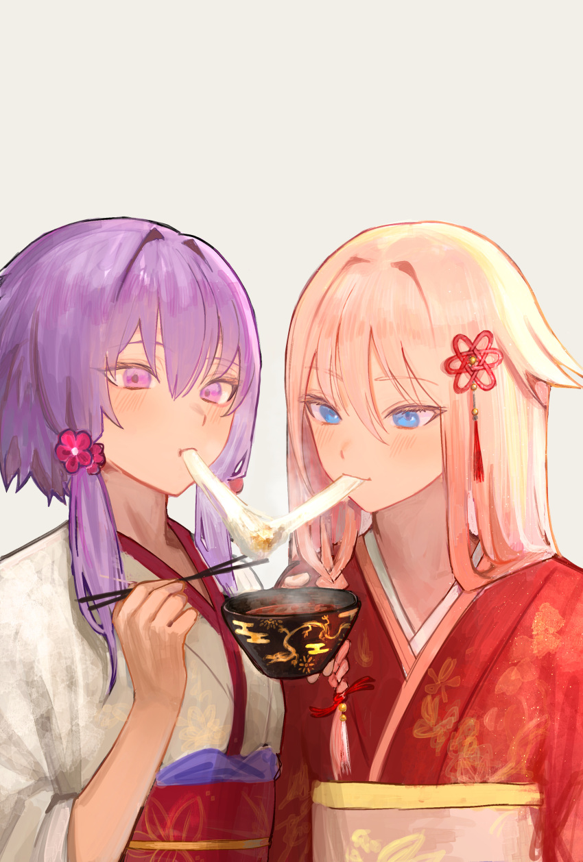 2girls absurdres alternate_costume atom_hair_ornament blonde_hair blue_eyes blush bowl braid closed_mouth flower_knot food grey_background hair_flaps hair_ornament hand_up highres holding holding_bowl ia_(vocaloid) japanese_clothes kimono light_smile long_hair mochi mochi_trail multiple_girls new_year obi purple_eyes purple_hair red_kimono sash shared_food shiruko_(food) short_hair_with_long_locks side-by-side side_braid simple_background steam textless_version upper_body vang_09 vocaloid voiceroid yuzuki_yukari